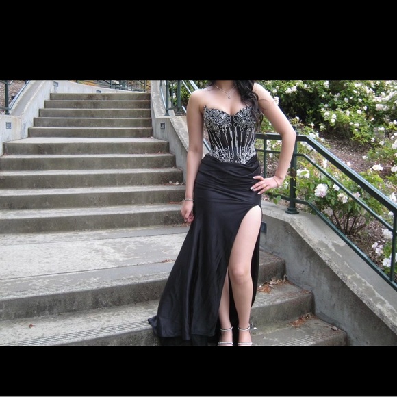 Black Strapless Prom Dress with Silver Embellished Bodice
